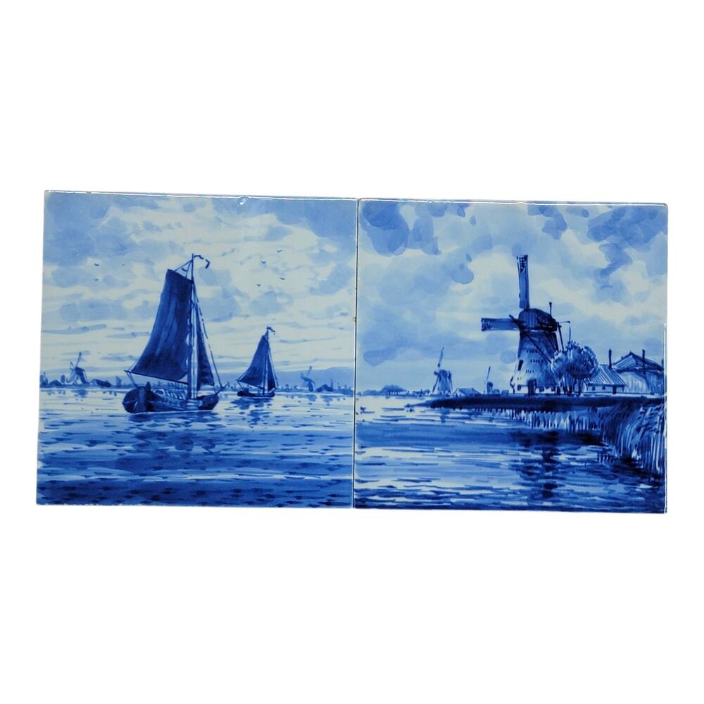Vintage Royal Delft Hand Painted Tile Tableau Windmill Sailboat 2 Pc Set